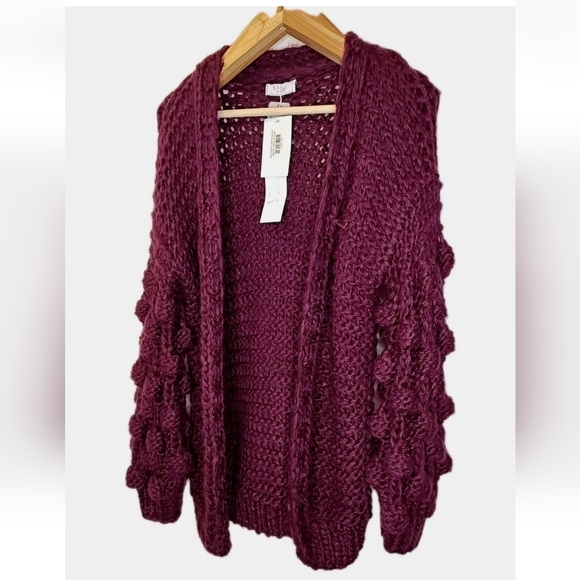 Sage The Label Mina Cardigan Med Lg Burgundy Purple Bobble Fuzzy Cable Knit Nwt - Picture 2 of 12